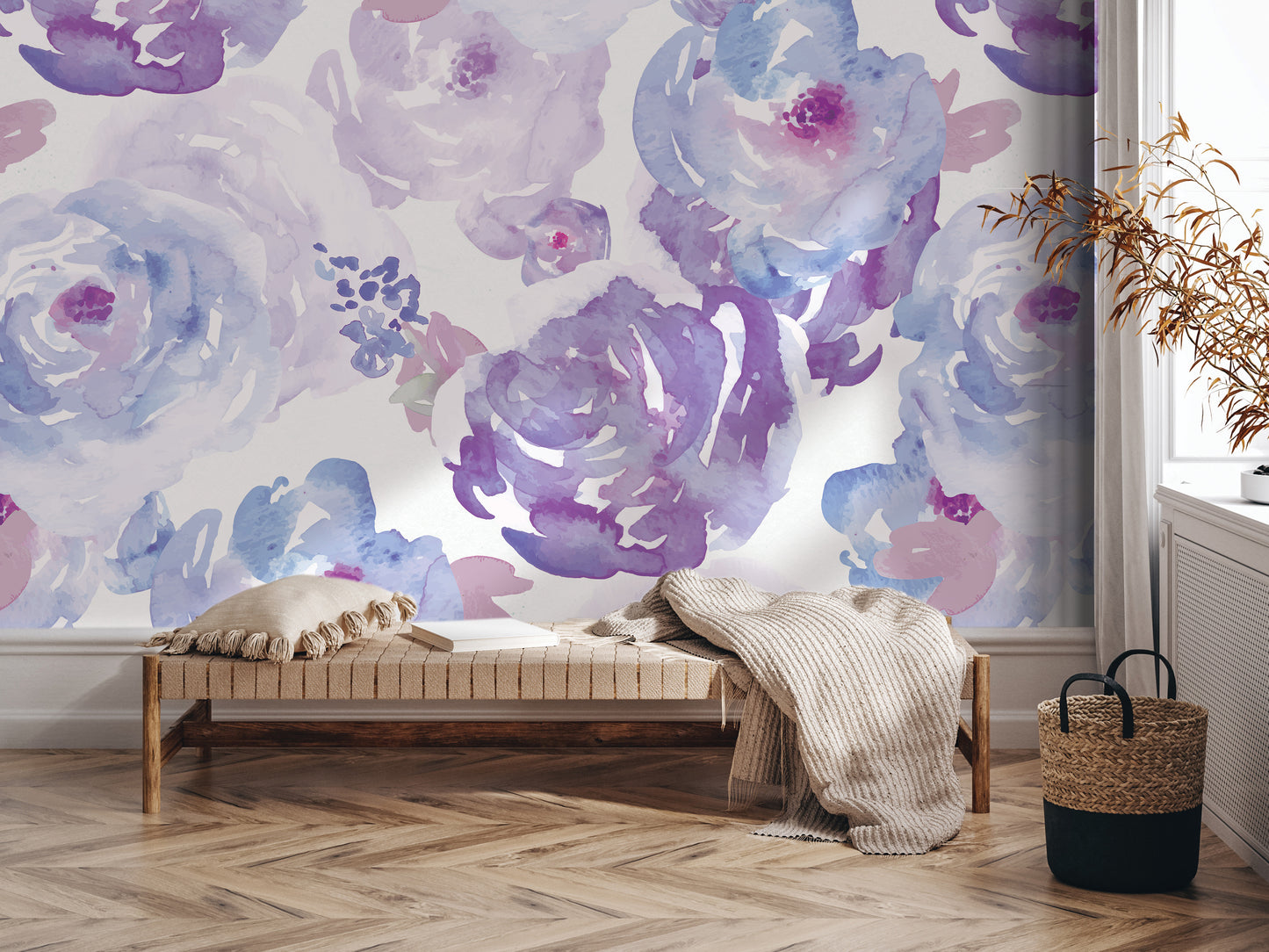 a room with a large floral mural on the wall, a wooden bench, and a woven basket.