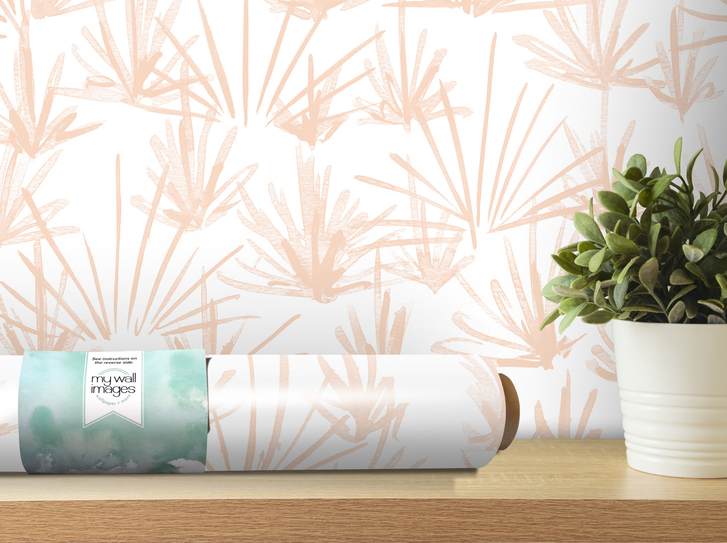 a wallpapered wall with a potted plant on a shelf next to it.