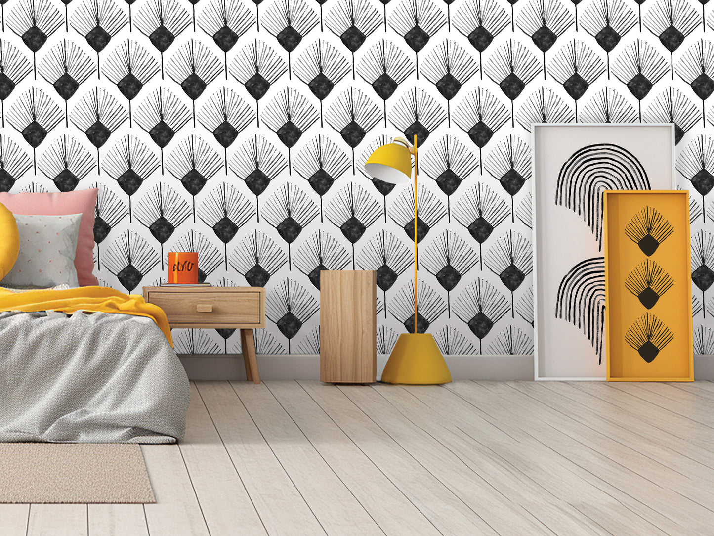 a modern bedroom with a black and white patterned wallpaper, a yellow bedside table, a yellow floor lamp, and a framed artwork on the wall.