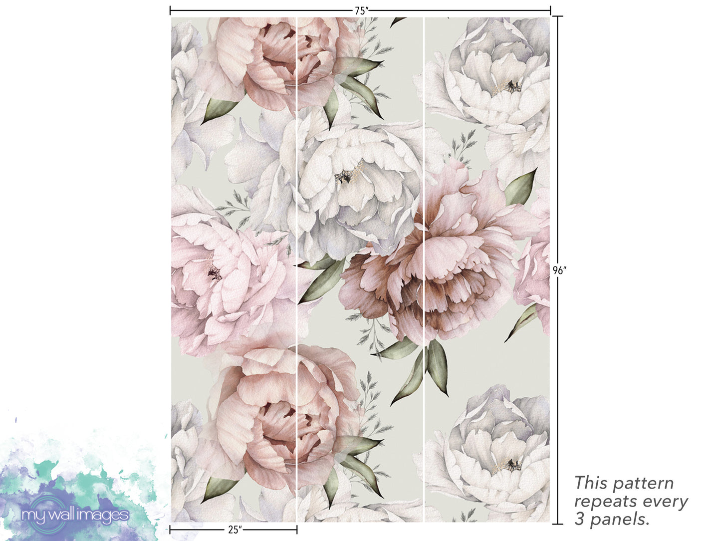a floral pattern with pink and white peonies and green leaves. The pattern repeats every 3 panels, as indicated by the text.
