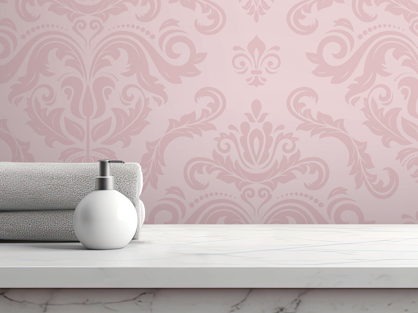 A white soap dispenser sits on a white marble countertop, with rolled towels stacked behind it. The backdrop is a pink and white damask pattern.