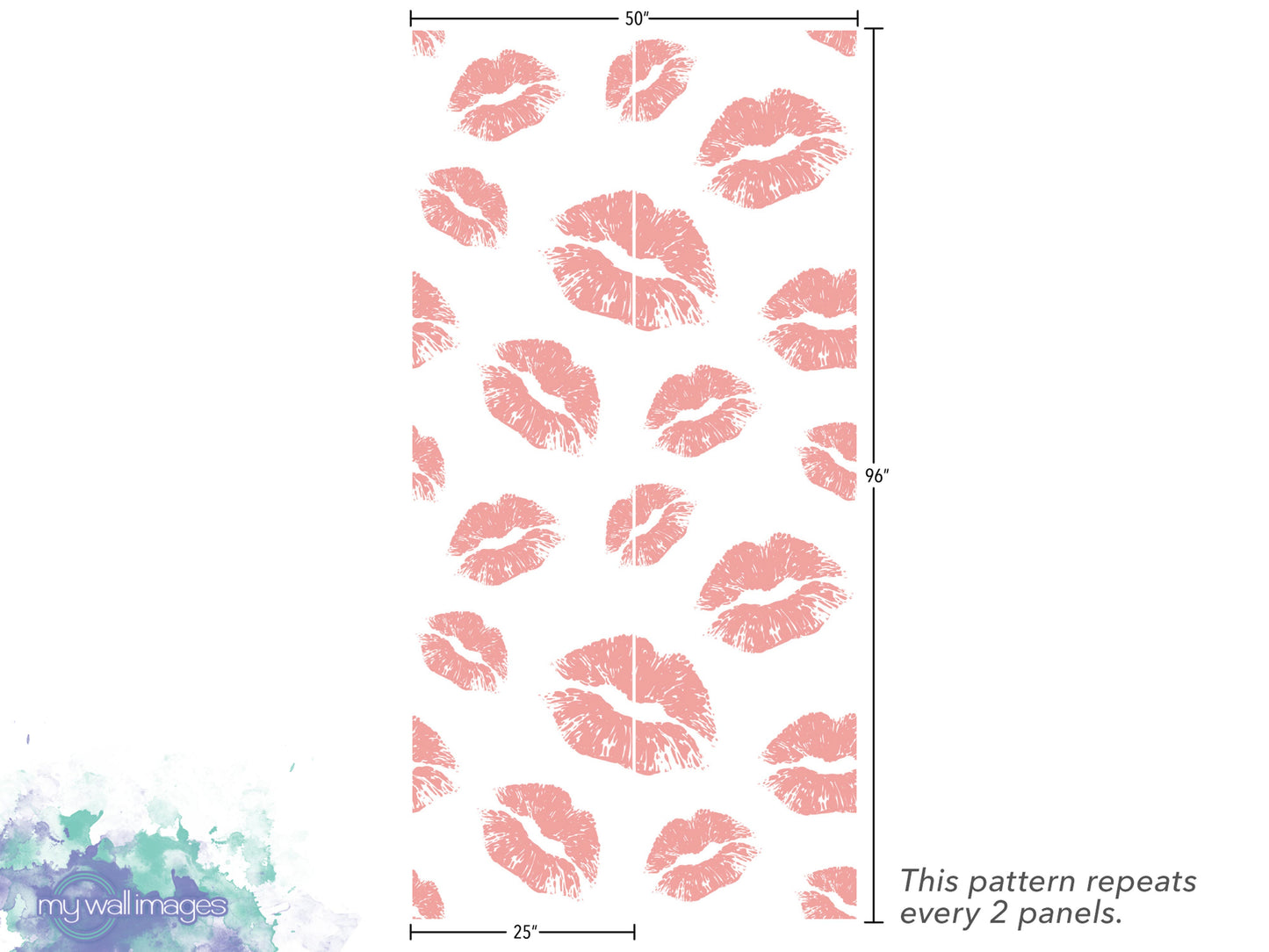 a repeating pattern of pink lipstick kisses on a white background. The pattern repeats every 2 panels.