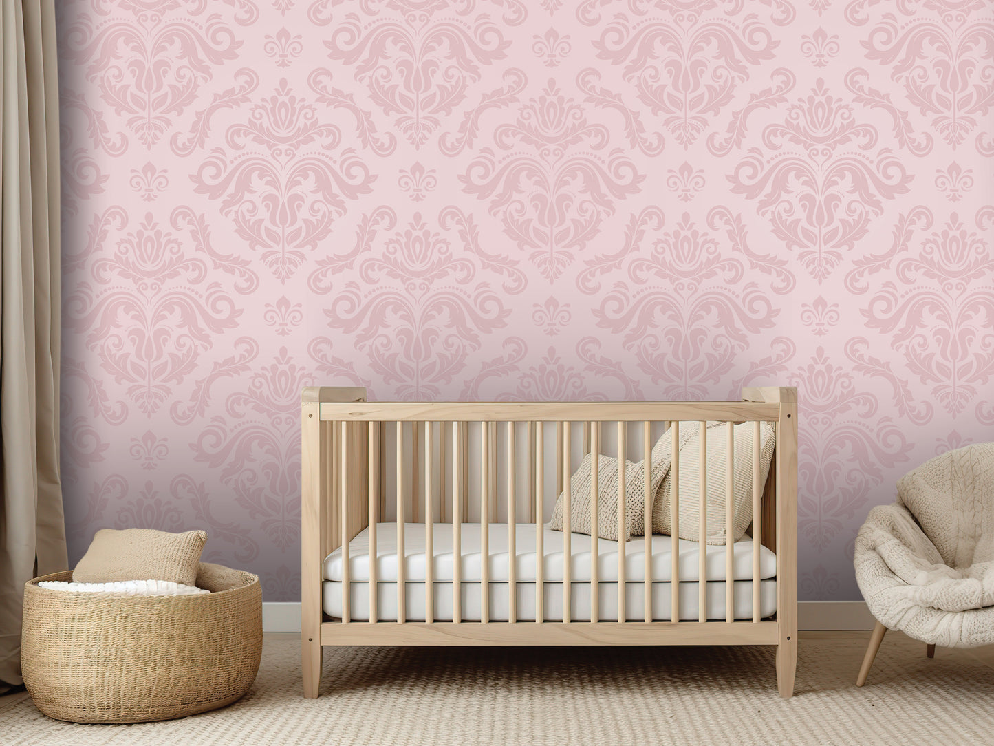 a nursery room with a wooden crib, a woven basket, and a plush chair. The room has a pink and white color scheme with a decorative wall pattern.