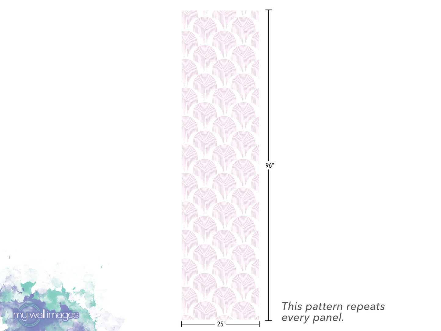 a repeating pattern of pink flowers or circles on a vertical panel. The pattern repeats every panel, and the image is described as a "repeats every panel" and "25" inches tall.