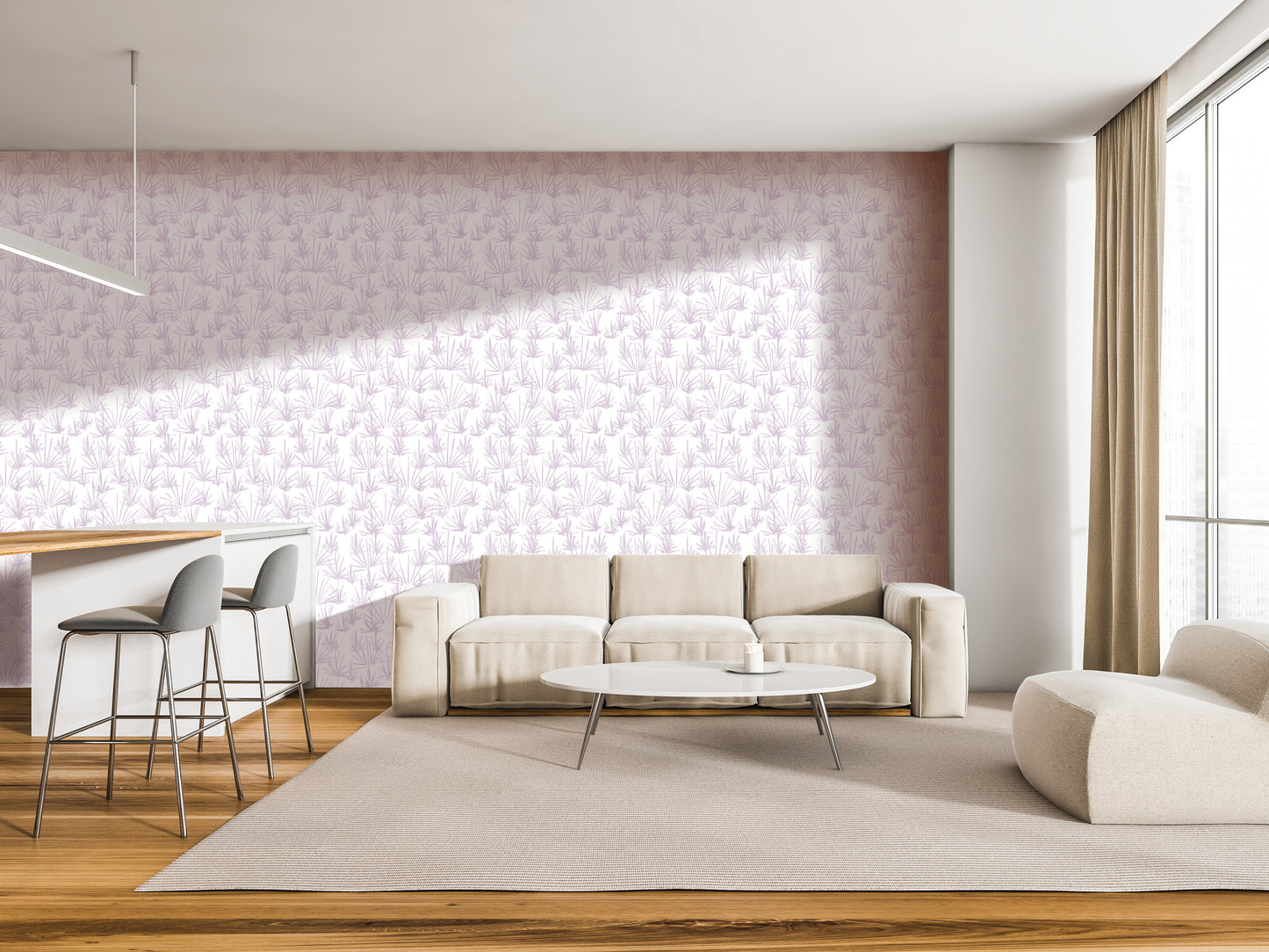 a modern living room with a large window, a white sofa, a round coffee table, and a barstool. The walls are covered in a pink and white patterned wallpaper, and the floor is made of wood.