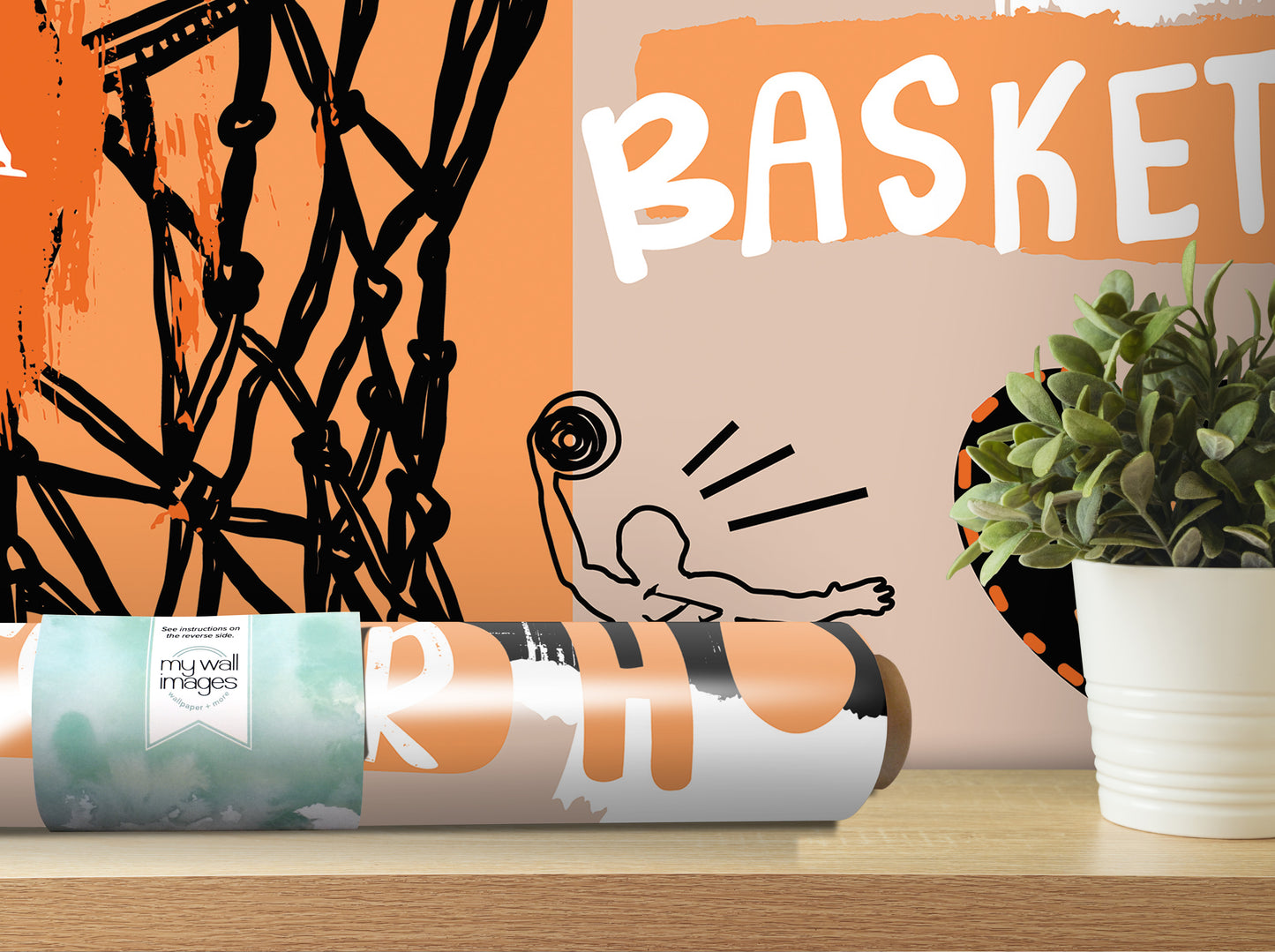 a wall with a basketball net and a potted plant, along with a roll of wallpaper or poster with the word "Basket" printed on it.