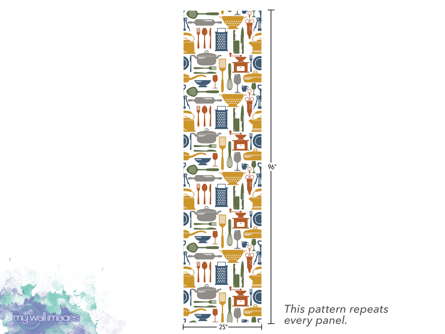 The image is a vertical panel with a repeating pattern of various kitchen utensils and appliances, such as spoons, bowls, knives, and measuring cups. The pattern repeats every panel, and the image is described as a "repeats every panel" and "25" by "25" panel.