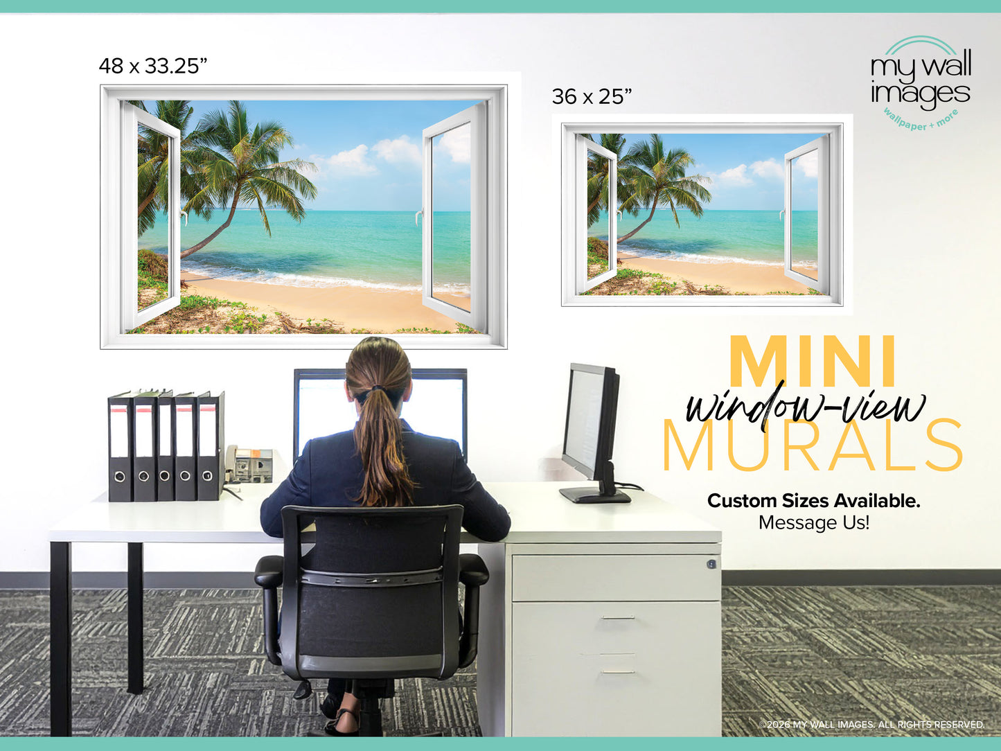a woman sitting at a desk in an office, looking at a computer screen. There are two framed pictures of a beach scene on the wall behind her, and the wall has a sign that says "MINI WINDOW-VIEW MURALS".