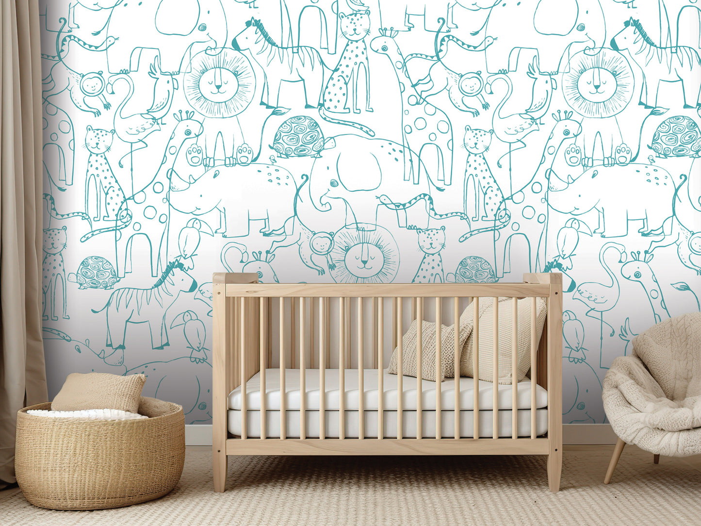 a nursery room with a wooden crib, a woven basket, and a plush chair. The walls are covered in a vibrant, whimsical wallpaper featuring various animals and cartoon-like designs.