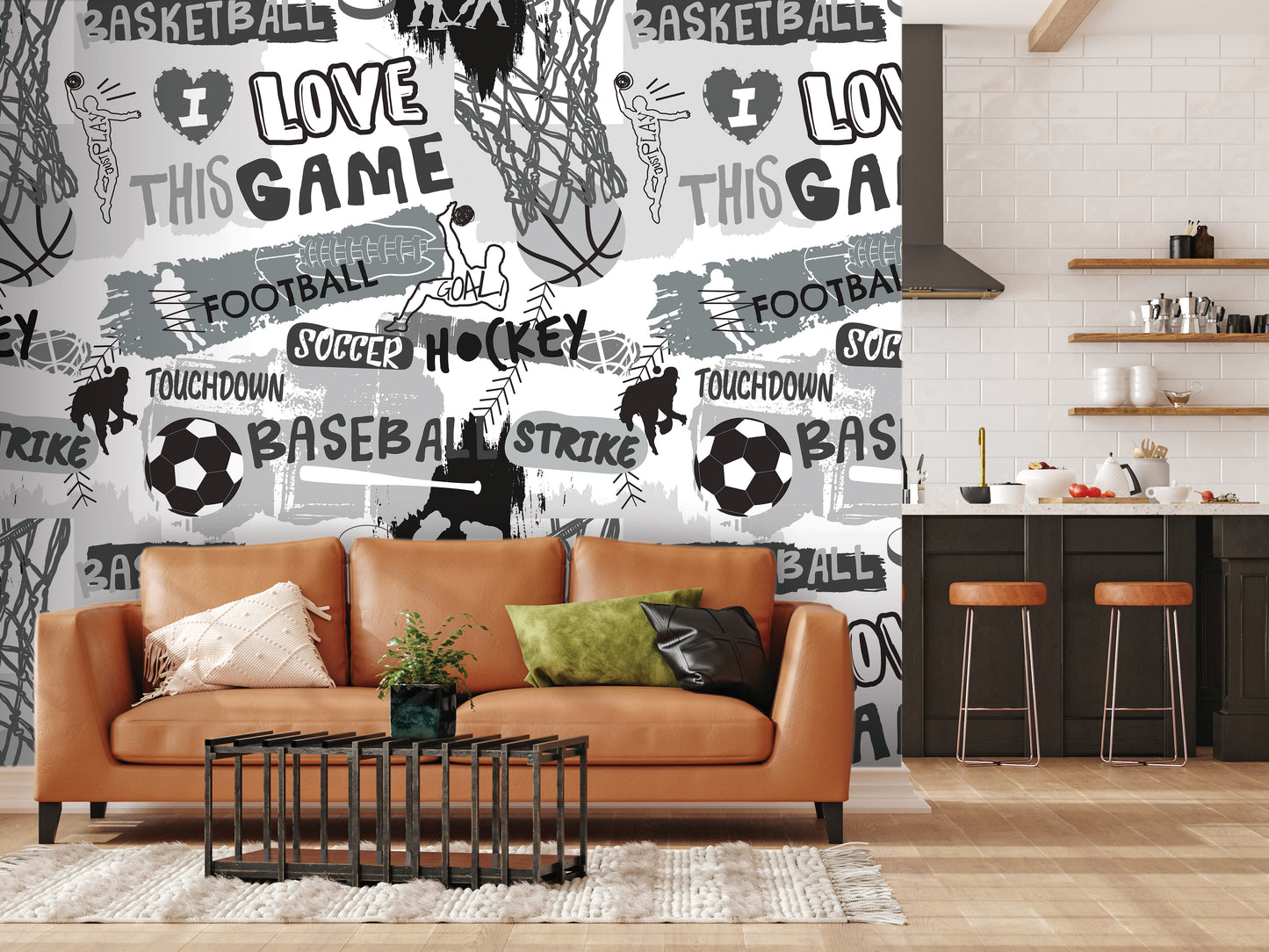 a living room filled with furniture and a wall mural