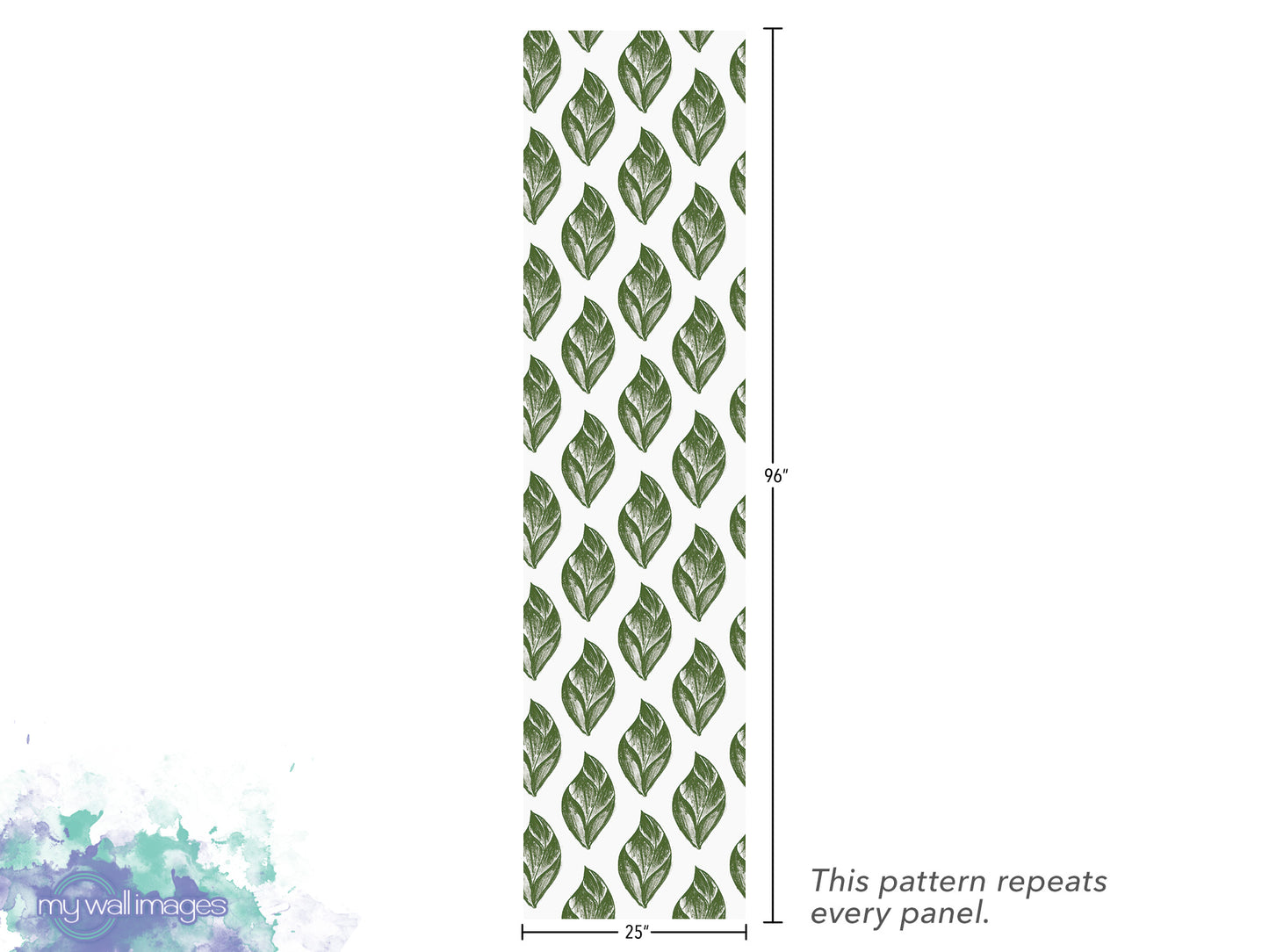 a repeating pattern of green leaves on a white background, with dimensions provided.