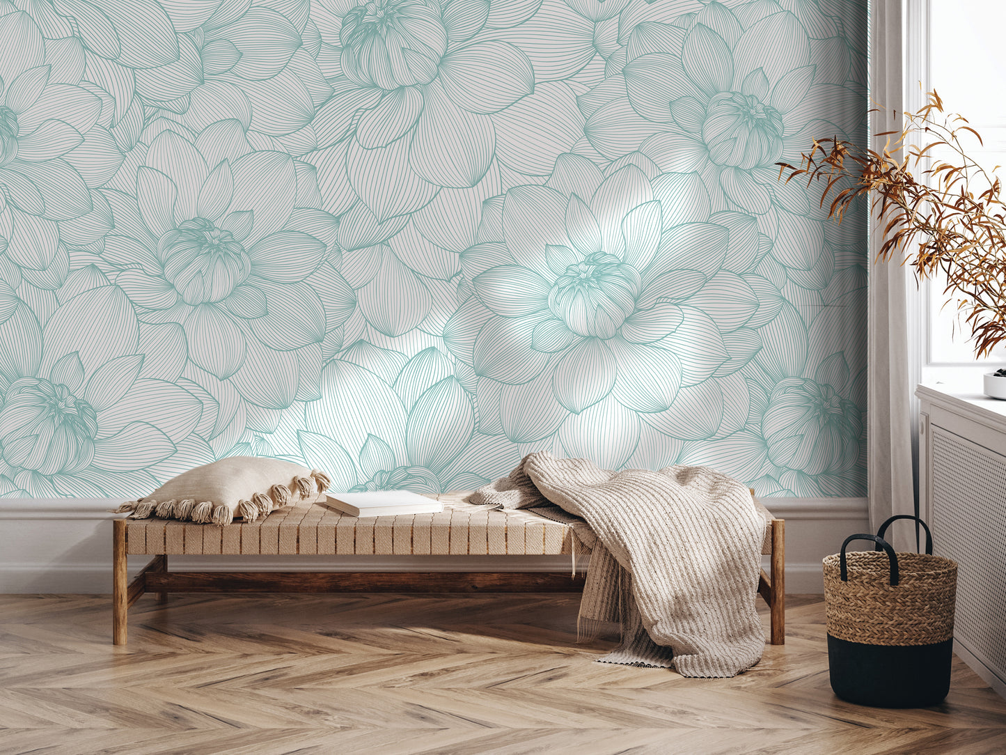 a living room with a wooden bench, a woven basket, and a plant. The wall behind the bench has a floral pattern in shades of blue and green.