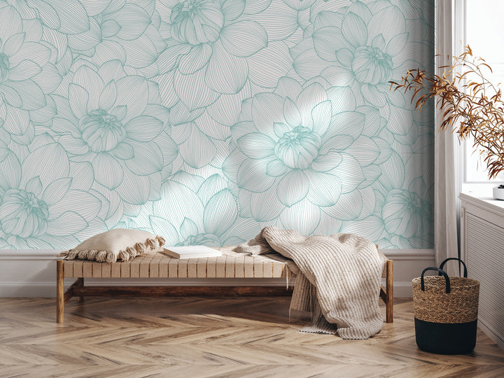 a living room with a wooden bench, a woven basket, and a plant. The wall behind the bench has a floral pattern in shades of blue and green.