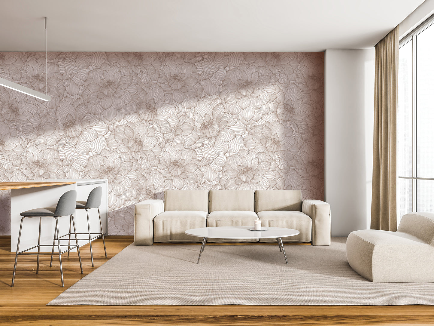 a modern living room with a floral wallpaper, a white sofa, a round coffee table, and a barstool.