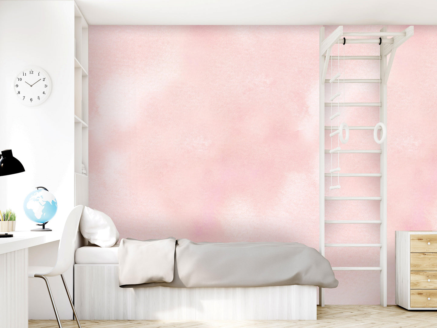 A modern bedroom with a pink and white color scheme, featuring a bed, a desk, and a ladder.
