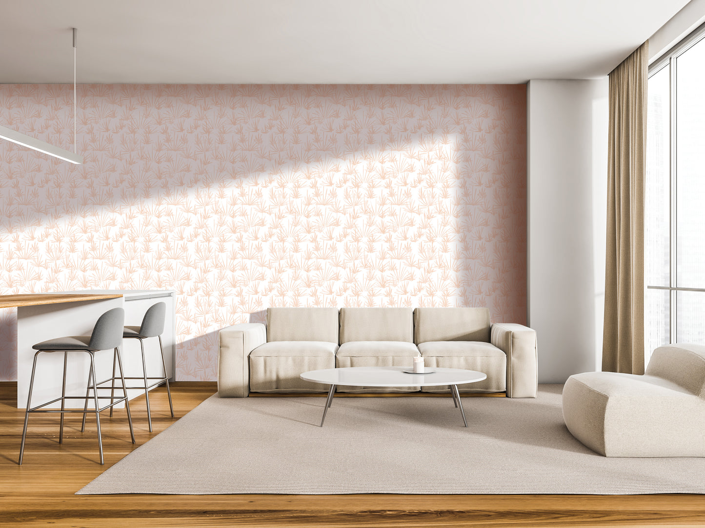 a modern living room with a beige sofa, a round coffee table, and a barstool. The room has a neutral color scheme and features a patterned wallpaper on the walls.