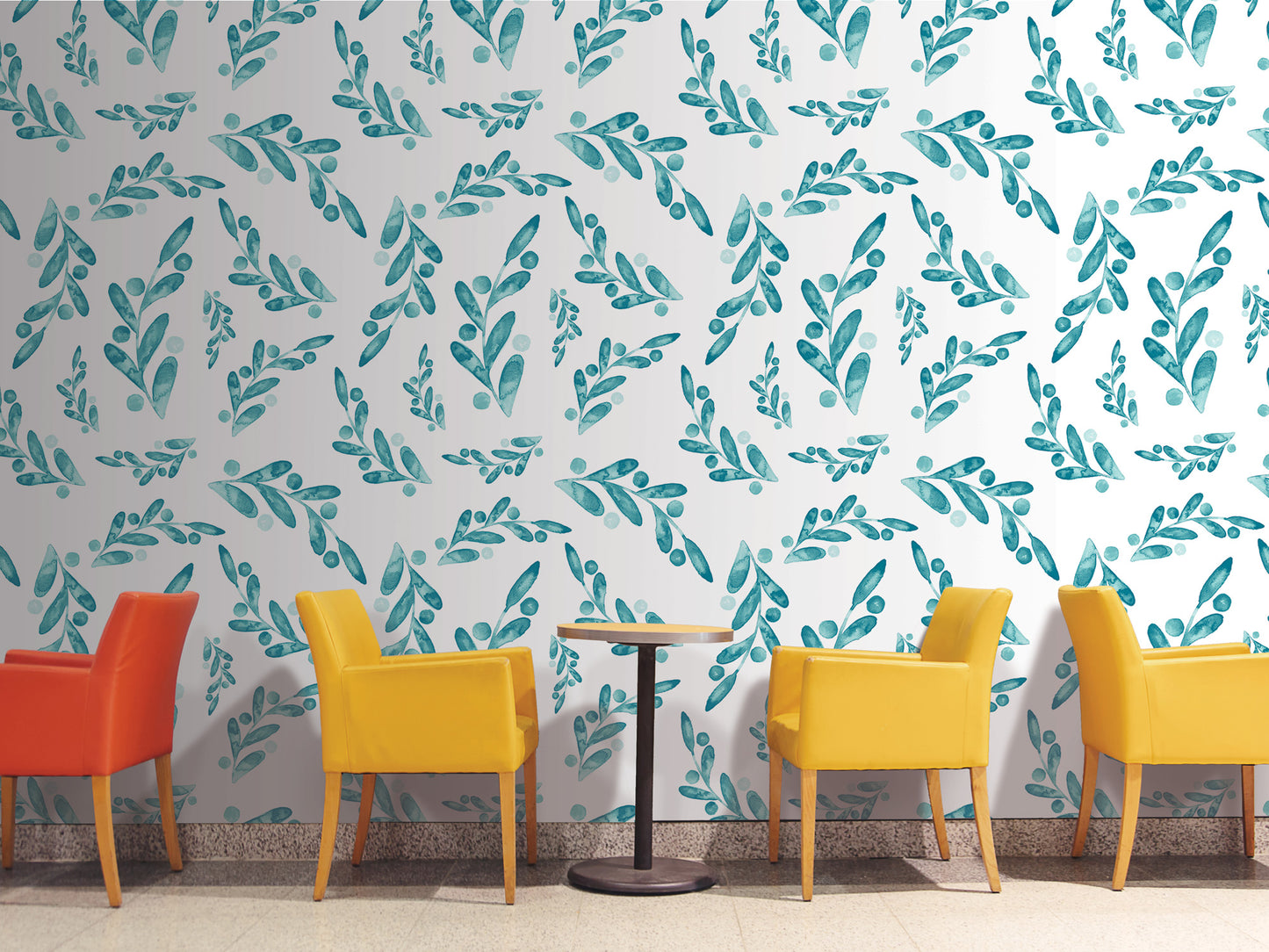 a modern and stylish interior design with a white wall adorned with a repeating pattern of green leaves and blue flowers. In the foreground, there are four yellow chairs arranged around a small round table, creating a cozy seating area.