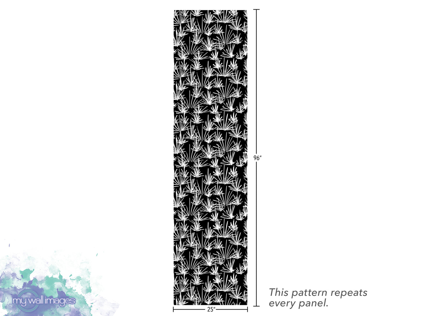The image is a vertical panel with a repeating pattern of black and white flowers or leaves. The pattern repeats every panel, and the image is described as a "repeats every panel" and "25" inches tall.