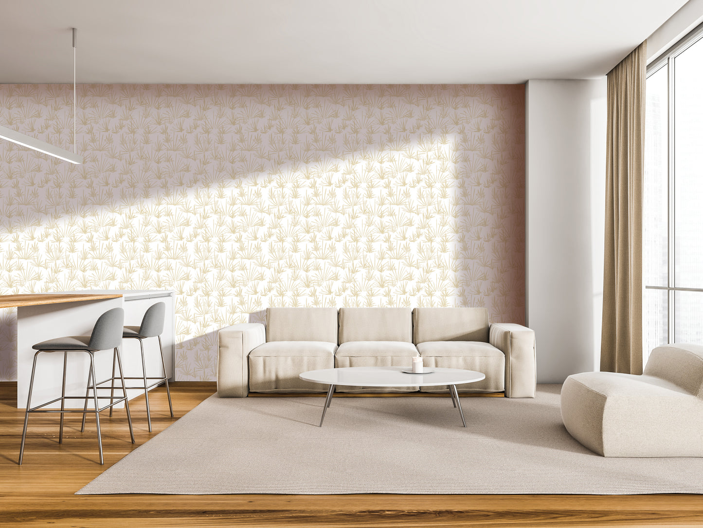 a modern living room with a beige sofa, a round coffee table, and a barstool set up. The room has a neutral color scheme and features a patterned wallpaper on the walls.