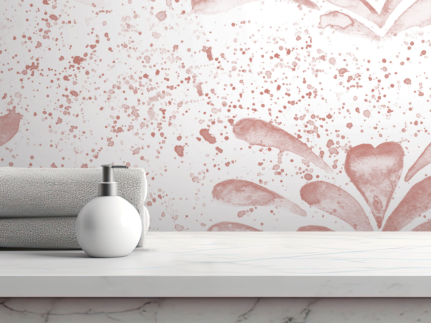 a white countertop with a white soap dispenser, a folded towel, and a marble-like surface.
