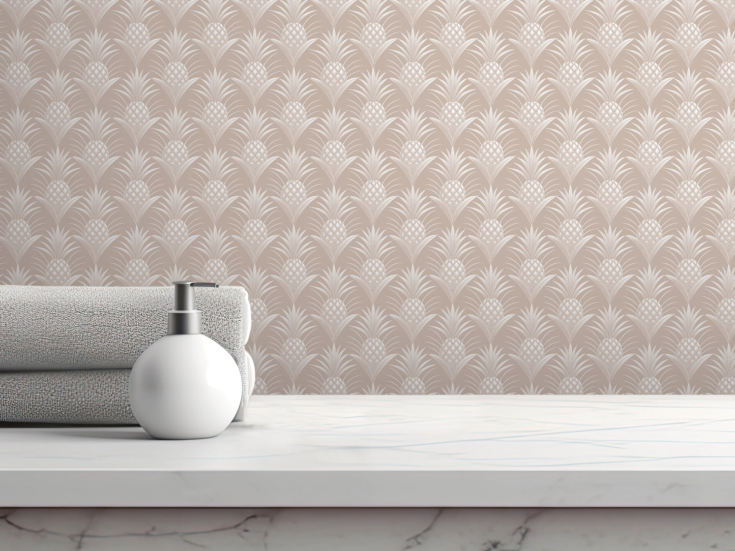 A white pump bottle sits on a white marble countertop, with a rolled-up towel and a white soap dispenser nearby. The background is a wall with a repeating pattern of pineapples.