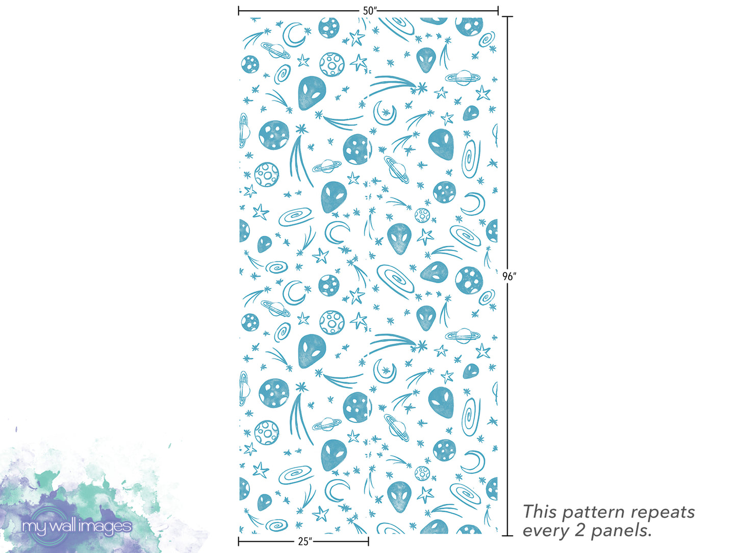 The image is a repeating pattern of various celestial objects, including planets, stars, and comets, arranged in a repeating design. The pattern repeats every 2 panels.