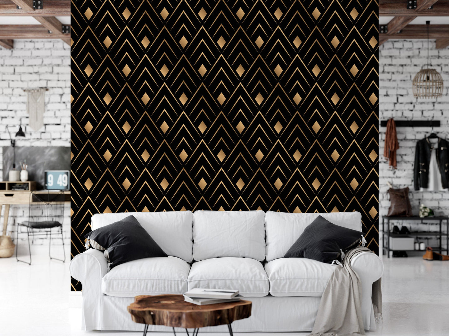 Art Deco Wallpaper | Black Gold Peel and Stick Wall Mural (MW1757)