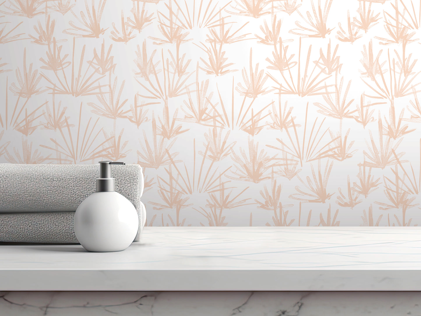 a white countertop with a white soap dispenser and a folded towel, set against a wall with a repeating pattern of palm leaves in a light peach color.