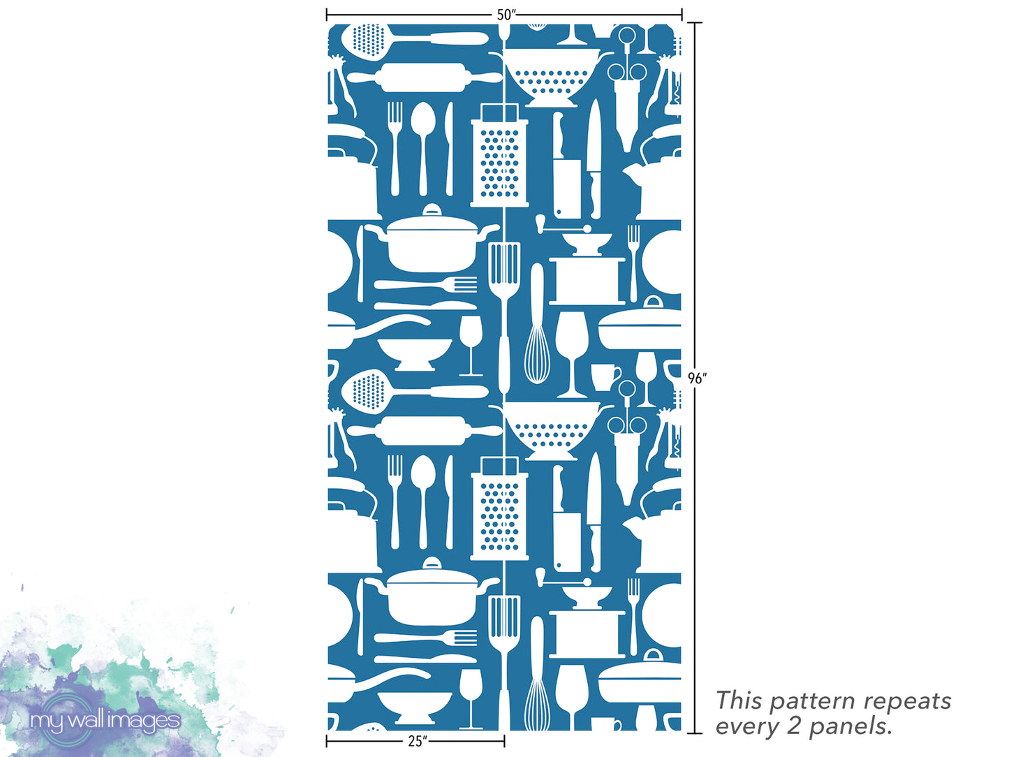 The image is a repeating pattern of various kitchen utensils and appliances, such as spoons, knives, bowls, and wine glasses, arranged in a grid-like layout. The pattern repeats every 2 panels, and the image is 25 inches tall.