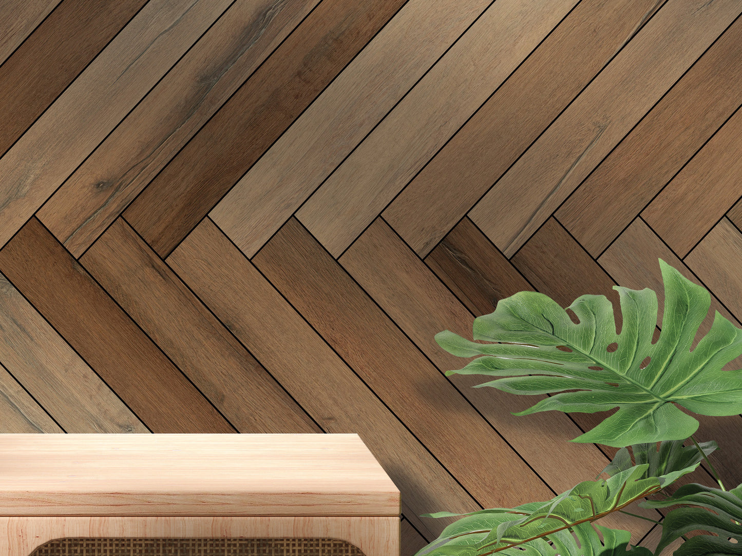 a wooden table with a plant on top of it, set against a backdrop of a wooden wall with a herringbone pattern.
