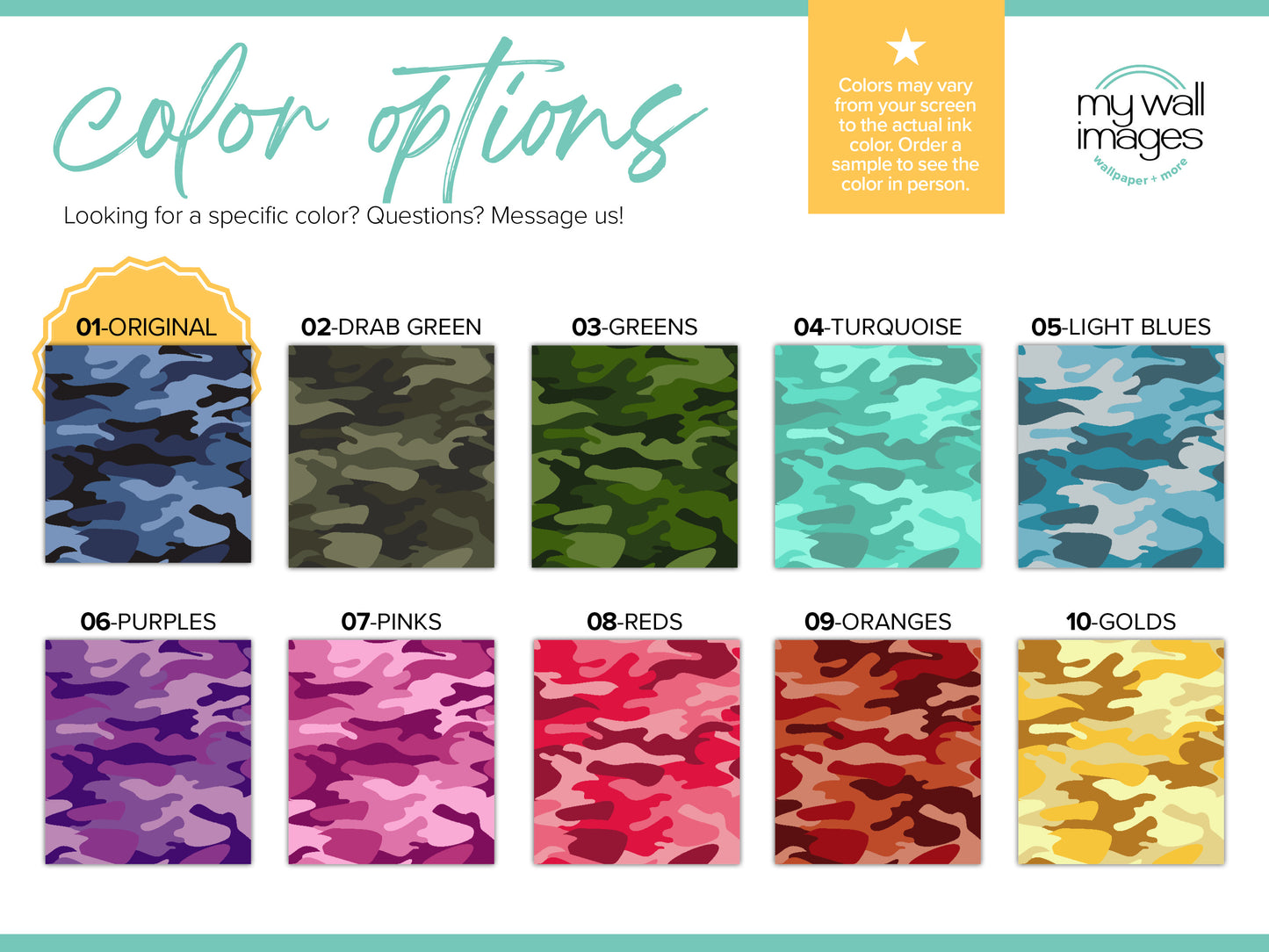 The image is a collage of various camouflage patterns, each with a different color, and it includes a section titled "Color options" that provides color options for the actual ink color.
