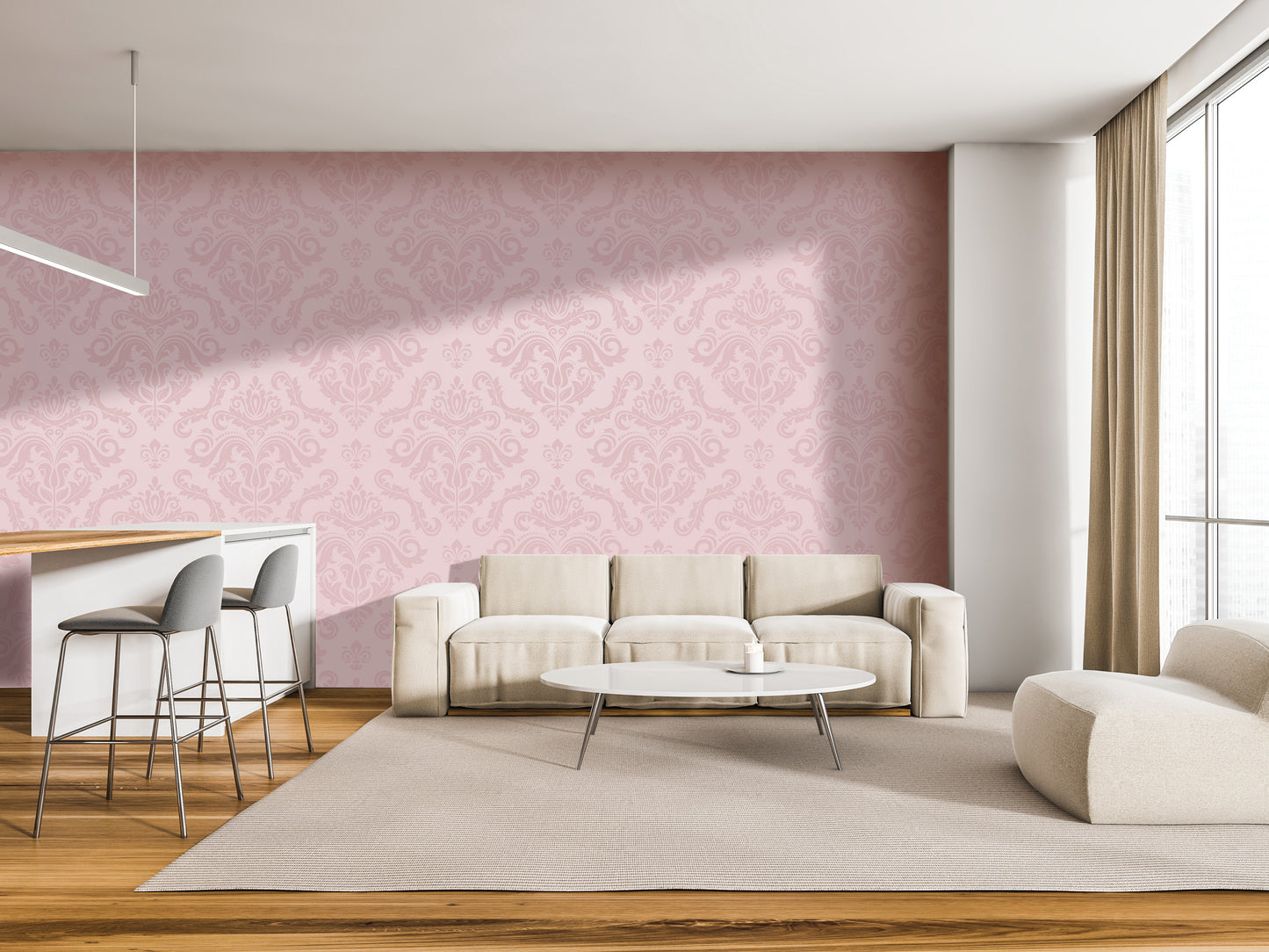 a modern living room with a pink wall, a white sofa, a white coffee table, and a wooden floor.