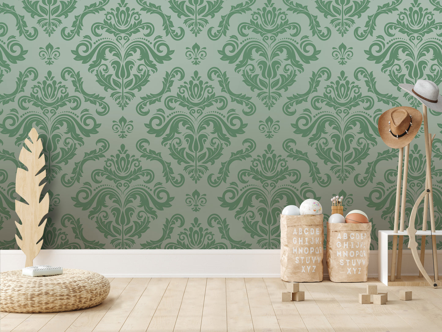 a room with a green and white damask patterned wallpaper, a wicker floor mat, and a wooden shelf with various items on it. There are also two wooden boxes with alphabet letters on them, and a wooden hat stand.
