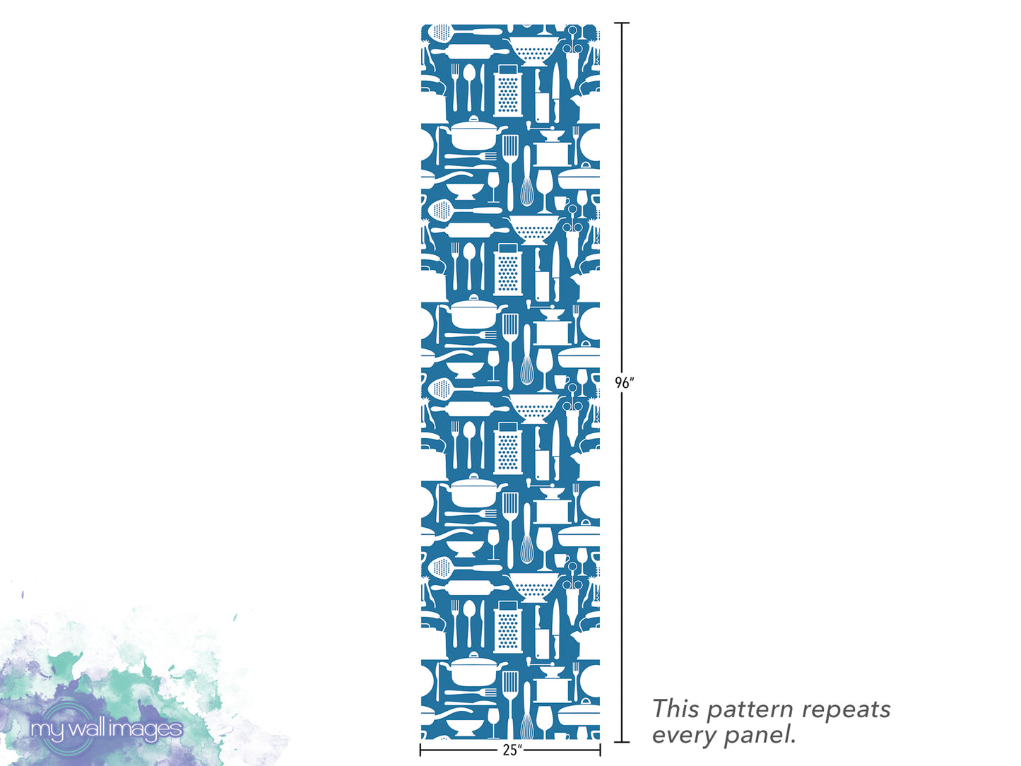 The image is a vertical panel with a repeating pattern of kitchen utensils, such as spoons, knives, and bowls, in shades of blue and white. The pattern repeats every panel, and the image is described to be 25 inches tall.