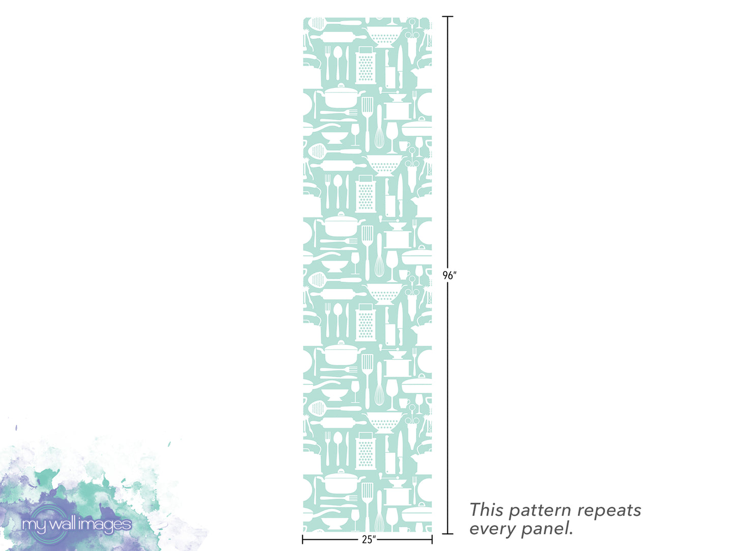 The image is a repeating pattern of kitchen utensils, such as spoons, knives, and bowls, arranged in a vertical column. The pattern repeats every panel, and the image is 25 inches tall.