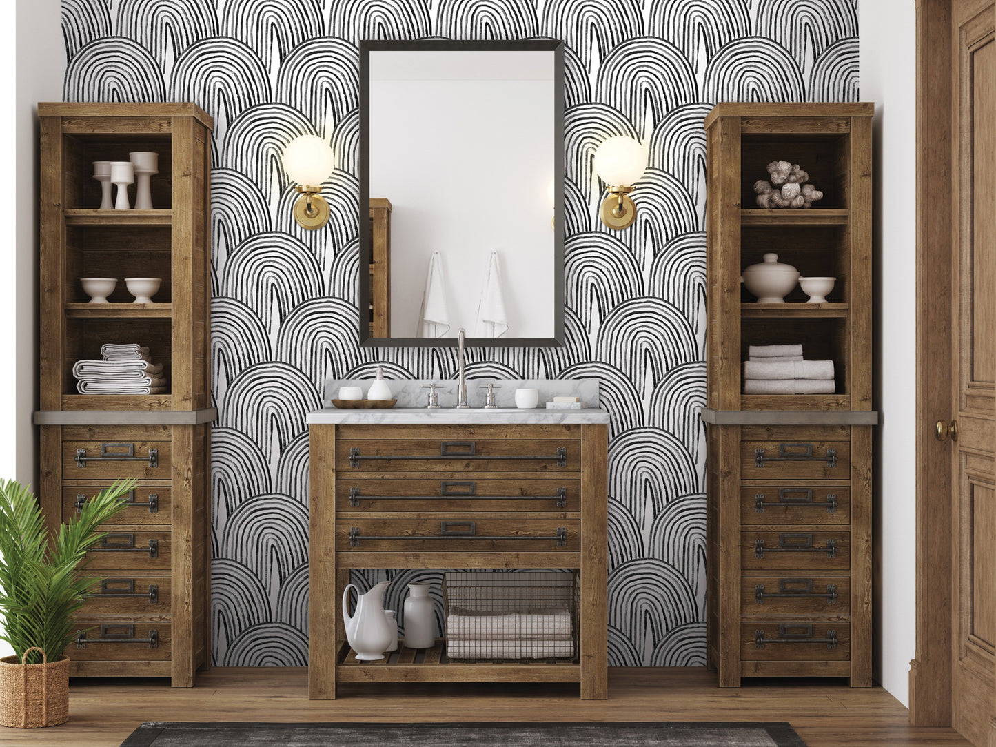 a modern bathroom with a wooden vanity, a mirror, and two wooden cabinets. The walls are adorned with a black and white wave-patterned wallpaper, and the room is well-lit with two wall sconces.