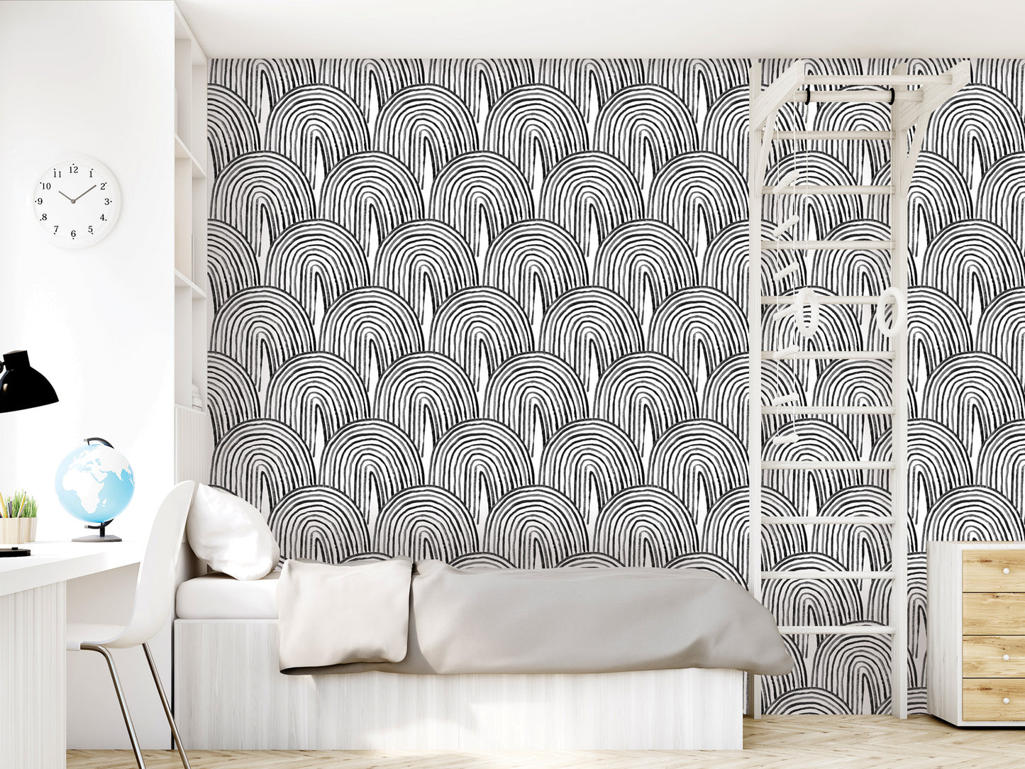 a modern bedroom with a black and white geometric pattern wallpaper on the wall. The room contains a bed, a dresser, and a clock.