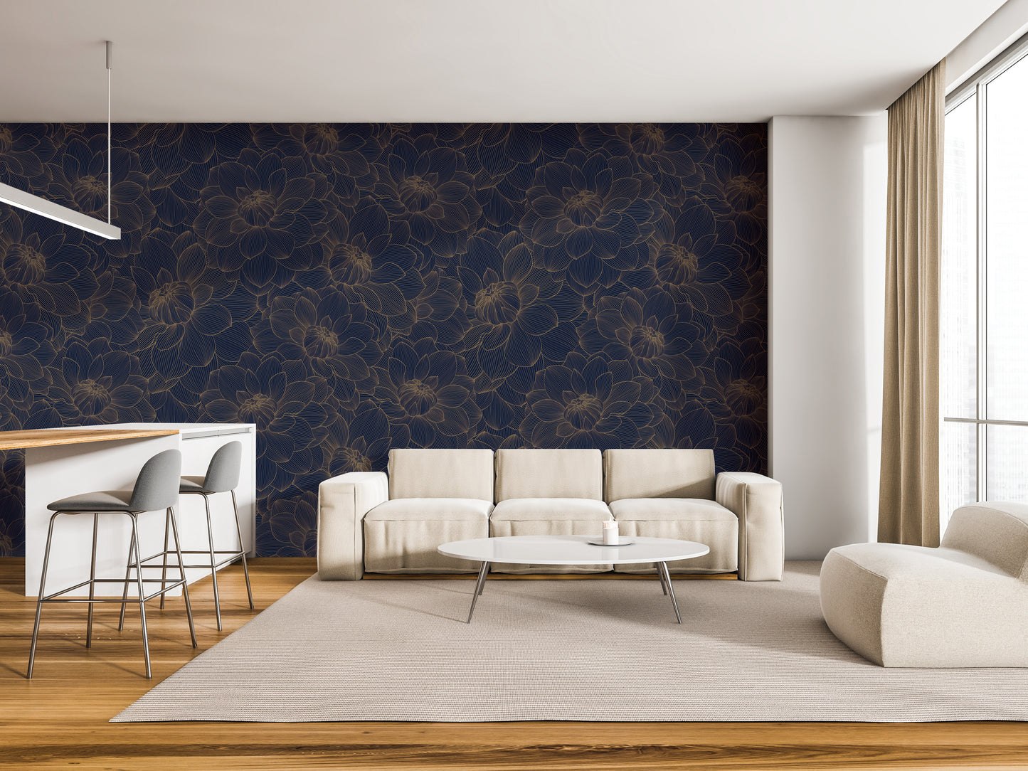 a modern living room with a white sofa, a round coffee table, and a bar with stools. The room has a dark blue floral wallpaper on the walls and a large window with curtains.