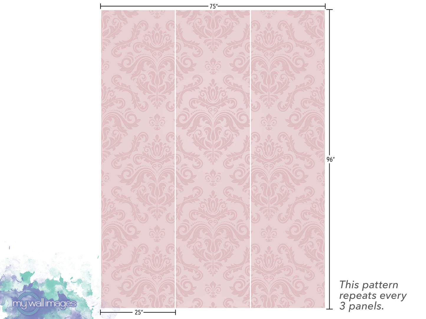 a pink damask pattern with a repeating design, and it is described as a 3-panel design. The pattern repeats every 3 panels.