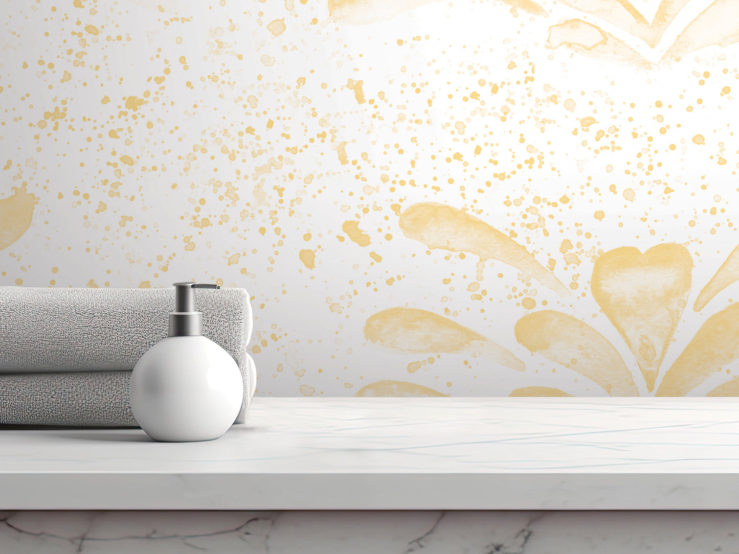 A white pump bottle sits on a white marble countertop, with a folded towel and a gold-colored spray bottle in the background.