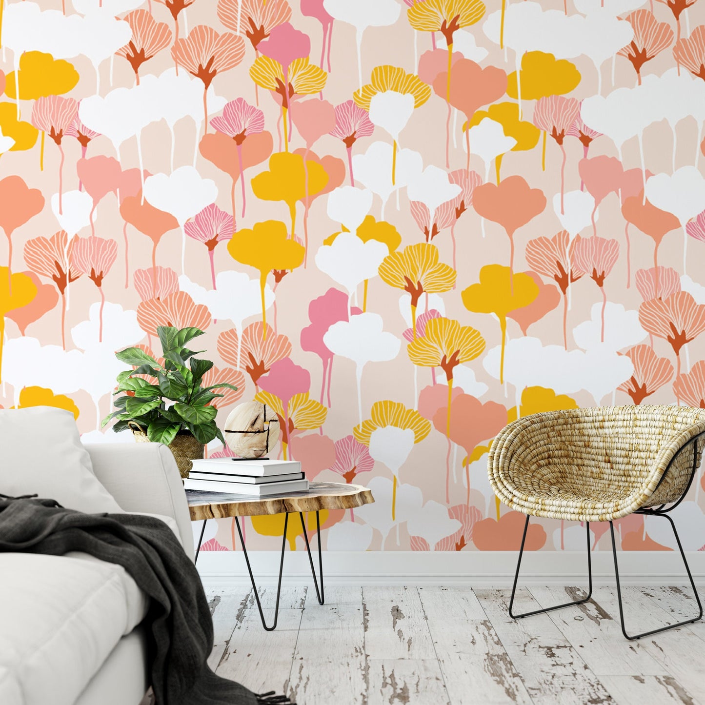 Modern Floral Mural | Pink White Gold Botanical Peel and Stick Wallpaper (MW1375)