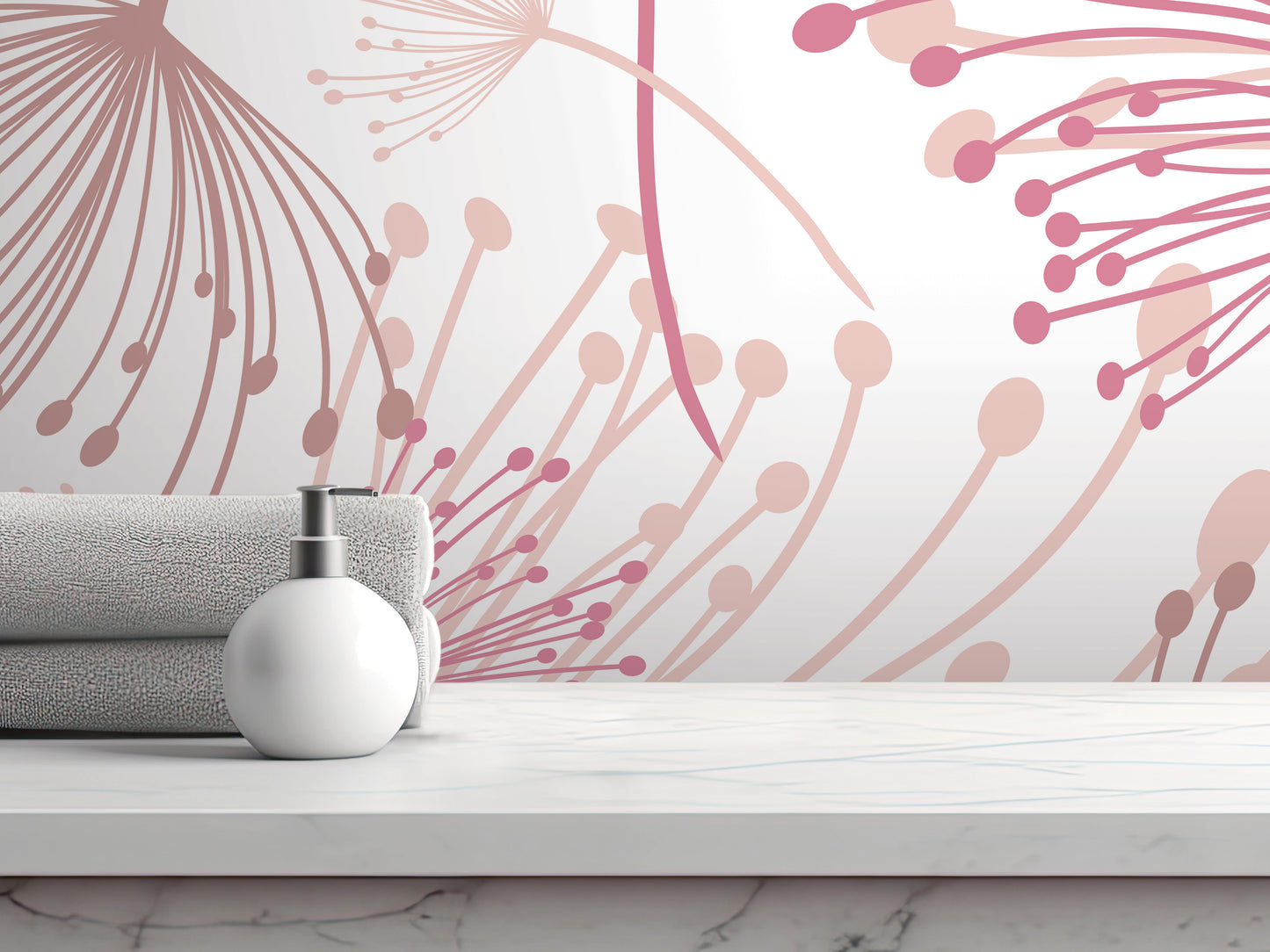 a white countertop with a white soap dispenser and a folded towel, set against a wall with a pink and white floral pattern.