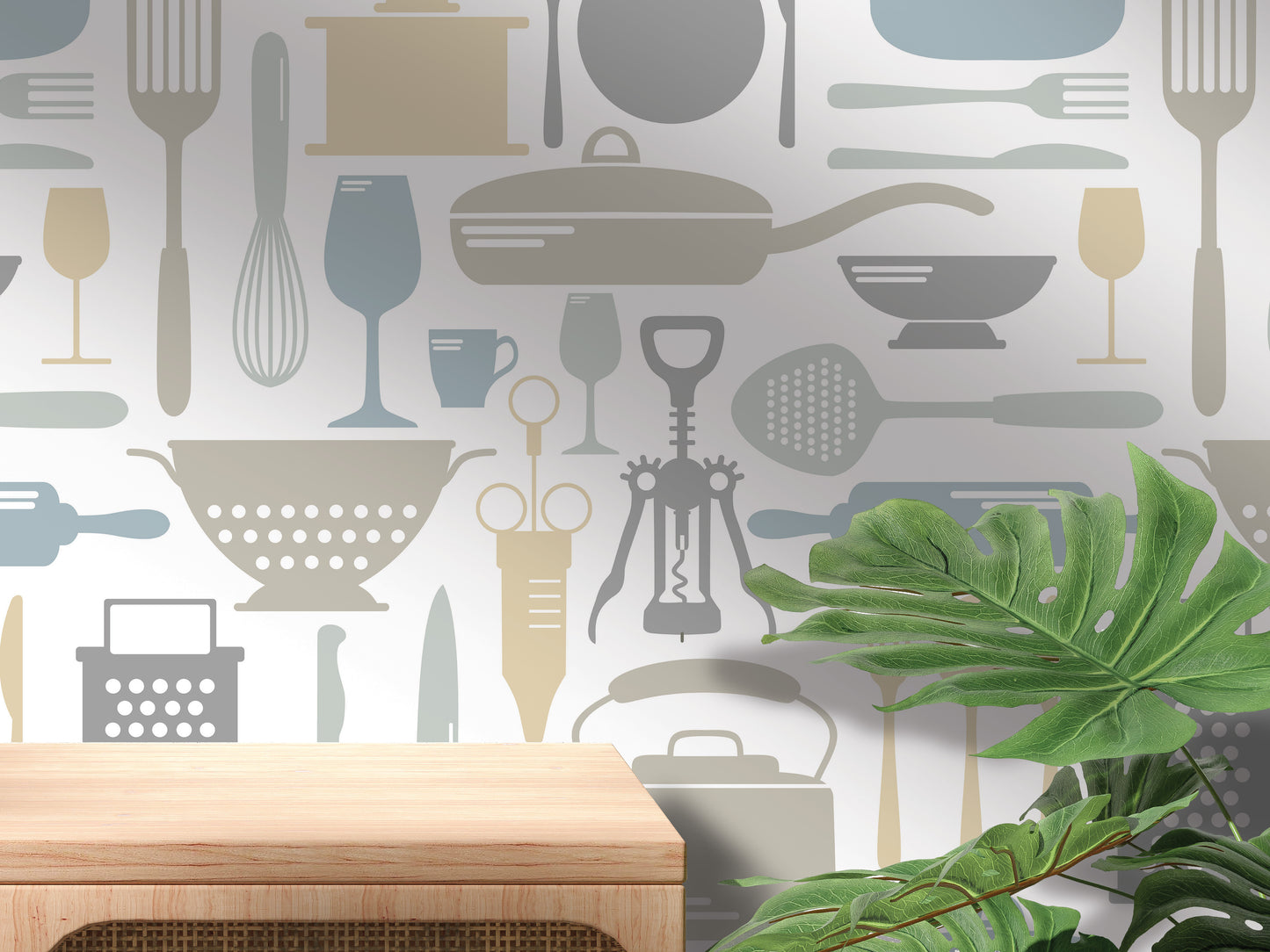 a kitchen wall with utensils and cooking utensils on it