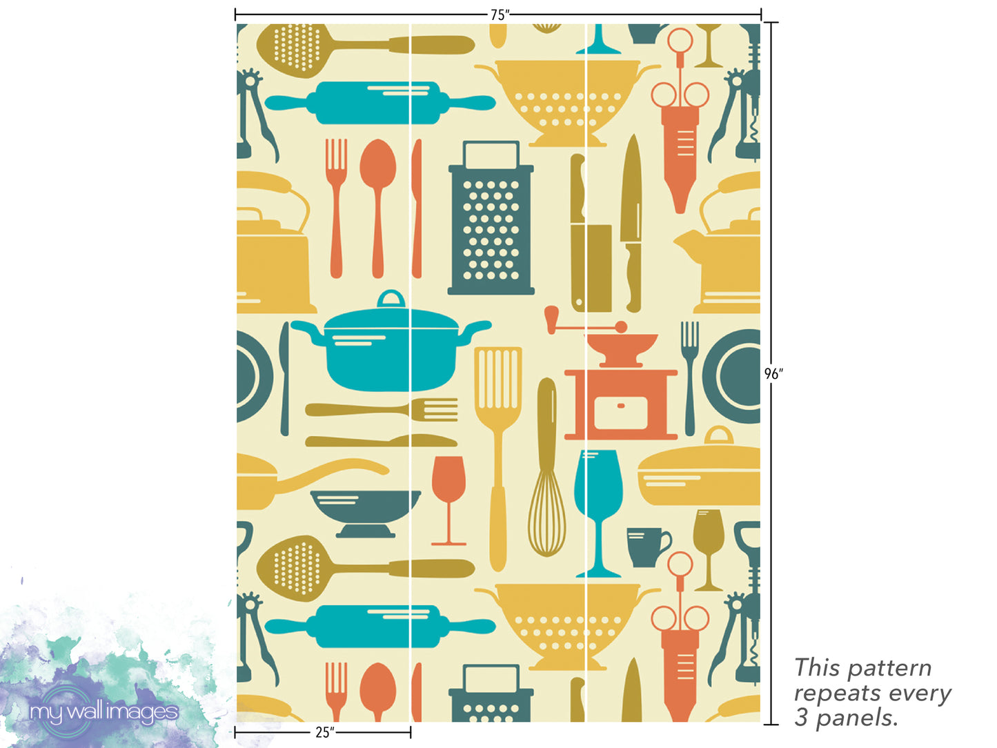 The image is a repeating pattern of various kitchen utensils and appliances, including knives, spoons, bowls, and other tools, arranged in a visually appealing and organized manner.