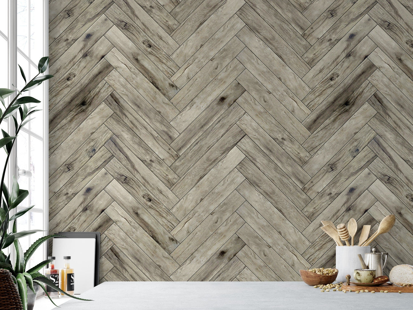 Distressed Wood Mural | Gray Parquet Texture Herringbone Peel and Stick Wallpaper (MW1621)