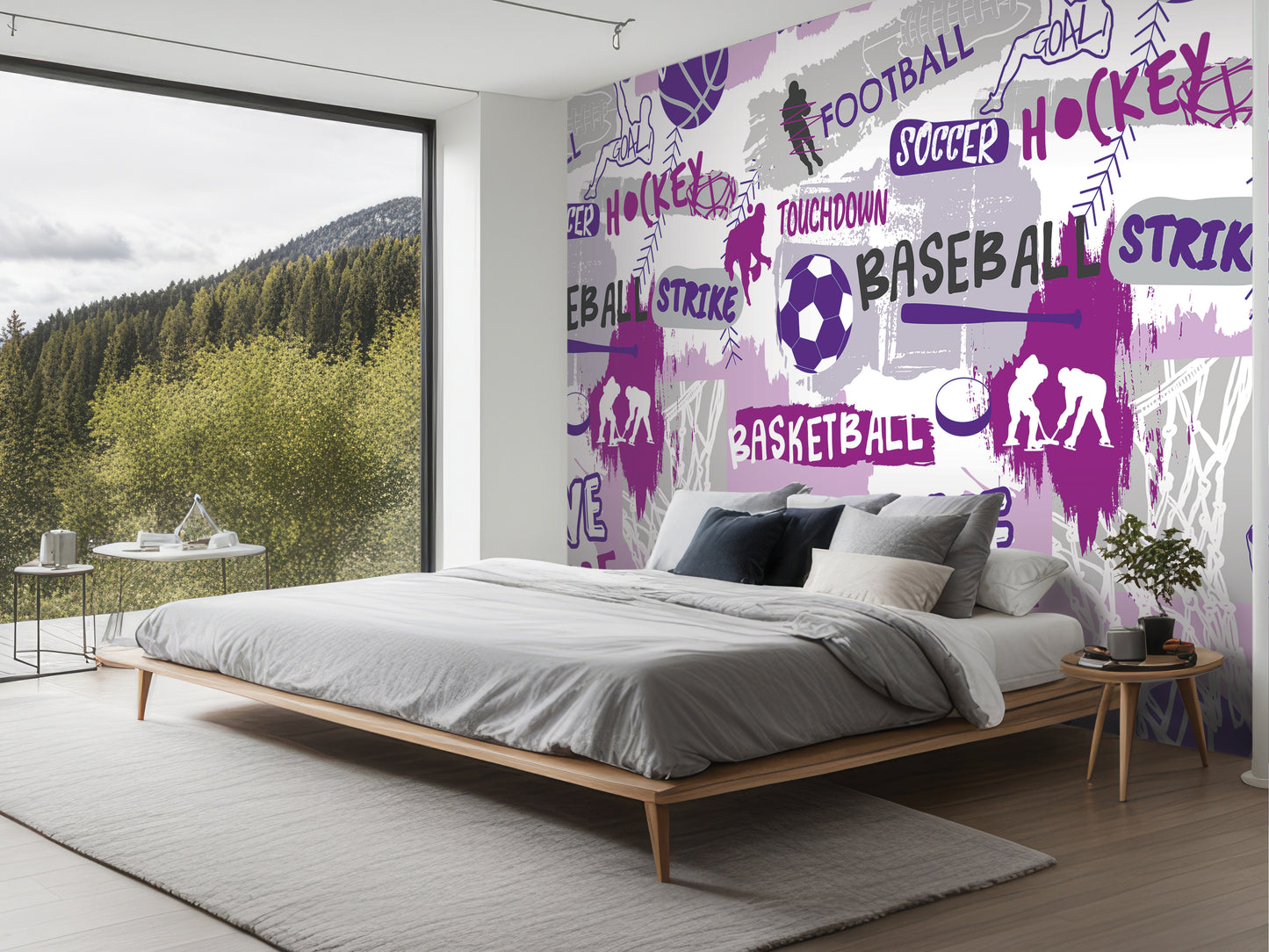 a bedroom with a big window and a big bed