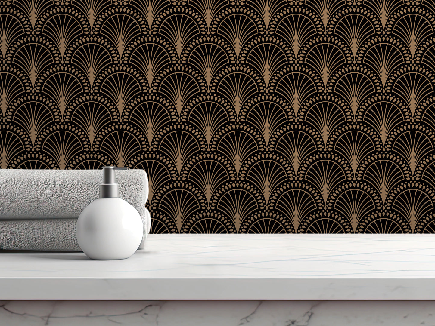 a white marble countertop with a white soap dispenser and a folded towel, set against a black and gold patterned wallpaper.
