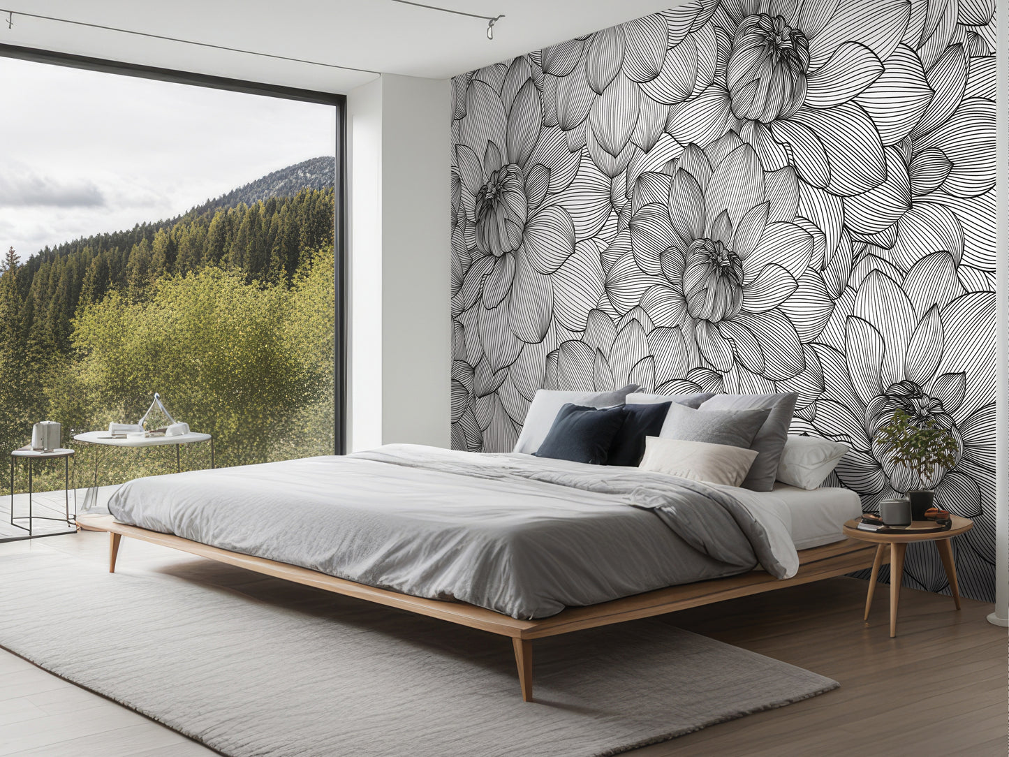 a modern bedroom with a large bed, a wooden nightstand, and a large window overlooking a forested area.