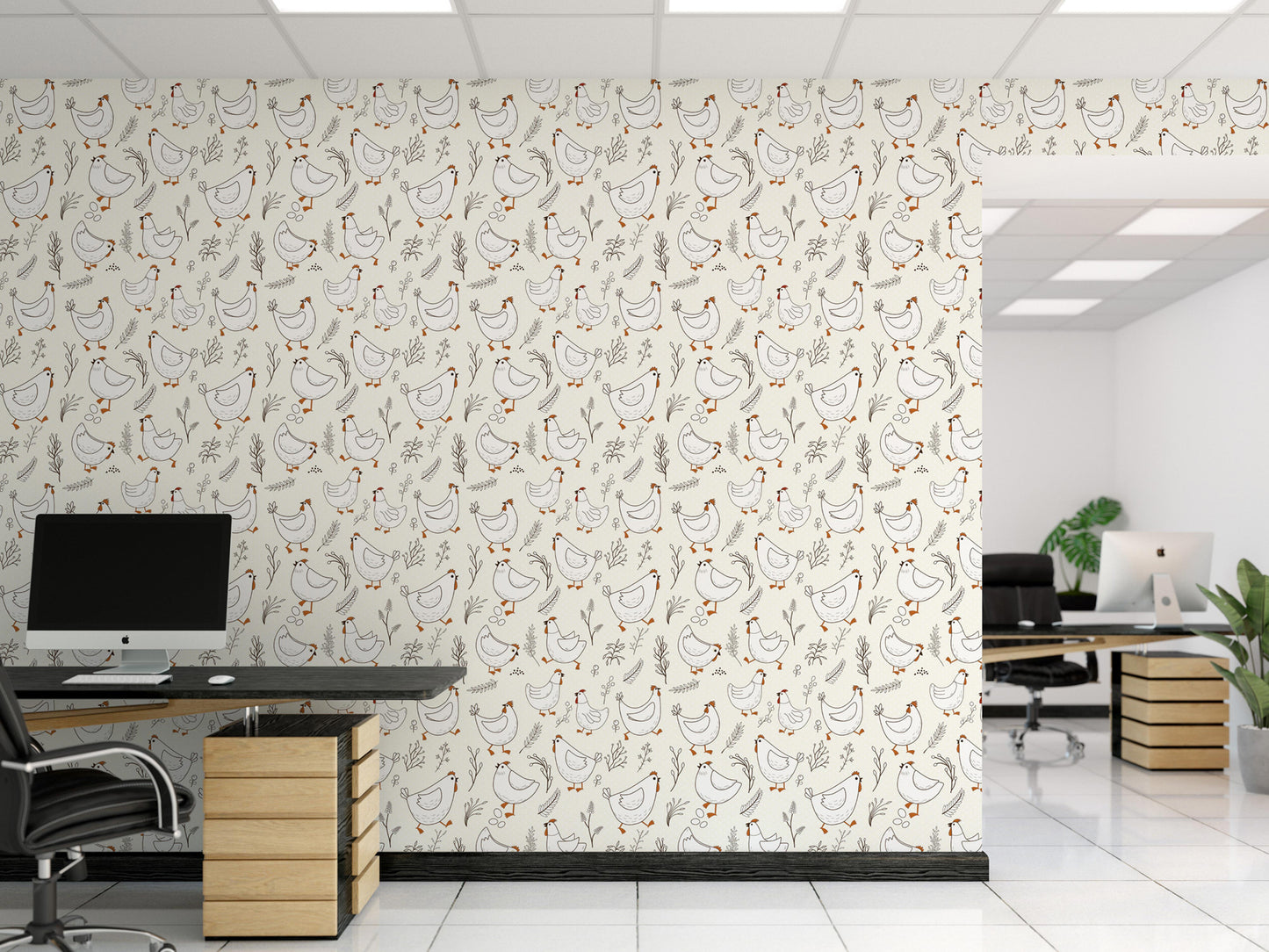 a modern office space with a wall featuring a repeating pattern of white birds and leaves. The office has a black desk with a computer monitor, a black chair, and a potted plant.