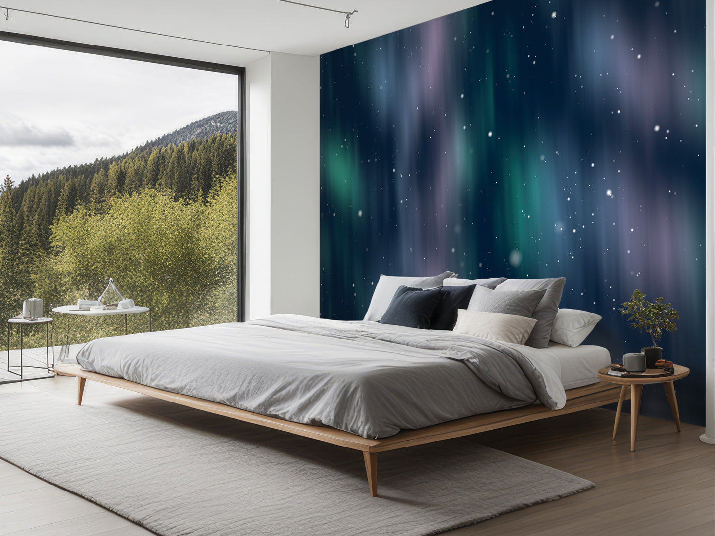 a modern bedroom with a large window overlooking a forested area. The room features a wooden bed frame, a nightstand, and a rug on the floor. The walls are adorned with a vibrant mural depicting a starry night sky, creating a serene and tranquil atmosphere.